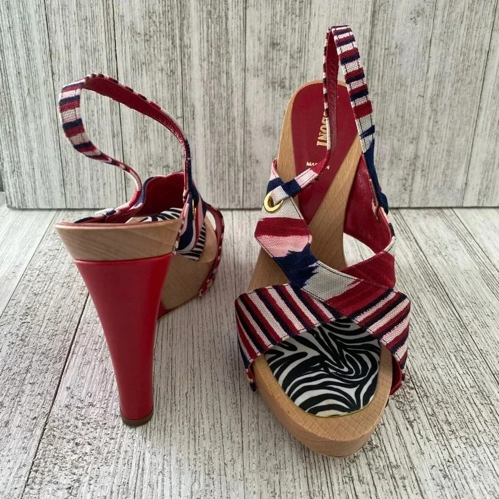 MISSONI OLONA Red Striped Wedge Heels N5443 Size 38 EU